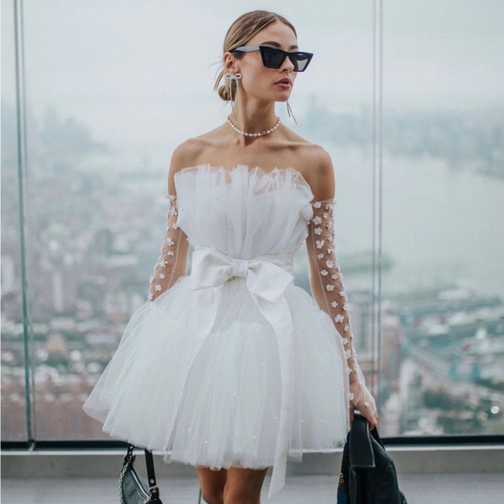 UNTAMED PETALS BY AMANDA JUDGE Strapless White Dress with Floral Sleeves